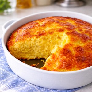 Può includere: Un pane di mais dorato, cotto in una pirofila rotonda bianca. Una fetta è stata rimossa, rivelando l'interno giallo e umido. Il piatto è appoggiato su un tessuto a motivi blu e bianchi, che suggerisce un dolce fatto in casa.