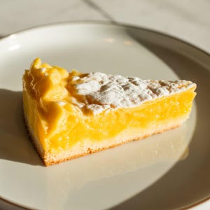 Puede incluir: Una porción de tarta de limón sobre un plato blanco. La tarta tiene una corteza dorada, un relleno amarillo brillante y está espolvoreada con azúcar glas. Un postre dulce.