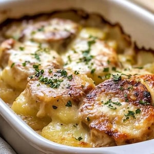 La mejor receta de cazuela de papas gratinadas con chuletas de cerdo ahogadas