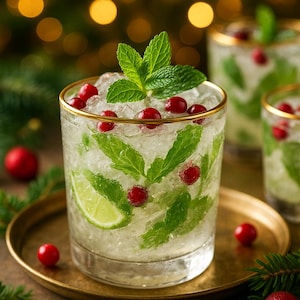 May include: A festive cocktail in a clear glass with a gold rim, filled with ice, mint leaves, cranberries, and a lime slice. The drink sits on a gold tray, with additional cranberries and Christmas ornaments scattered around. The background features blurred golden lights.