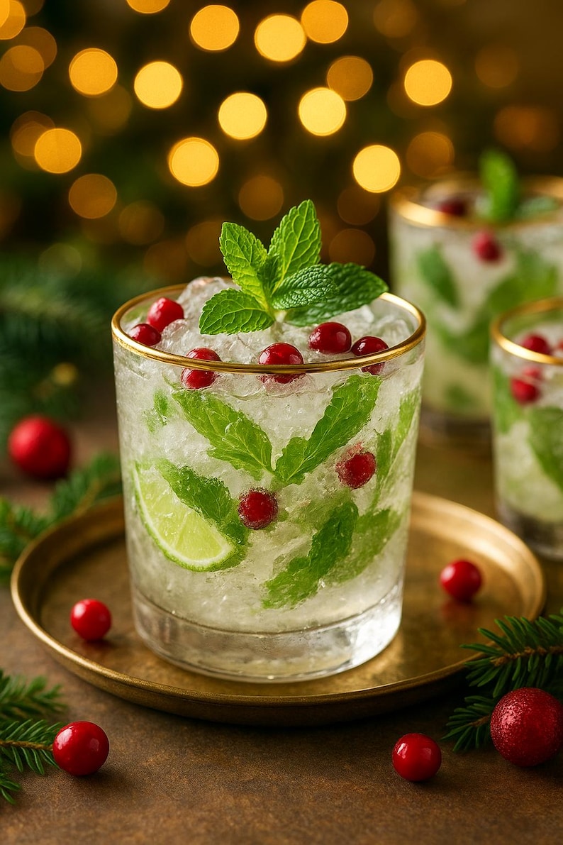 May include: A festive cocktail in a clear glass with a gold rim, filled with ice, mint leaves, cranberries, and a lime slice. The drink sits on a gold tray, with additional cranberries and Christmas ornaments scattered around. The background features blurred golden lights.