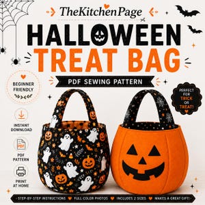 May include: A PDF sewing pattern for a Halloween treat bag titled TheKitchenPage. The image displays two fabric bags: one black with white ghosts and orange pumpkins, and one solid orange with a black jack-o'-lantern face design.