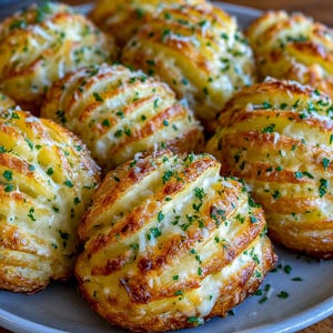 May include: A close-up shot of several baked potato dishes, golden brown with visible layers and garnished with green herbs and grated cheese. The potatoes are arranged on a grey plate, a culinary presentation.