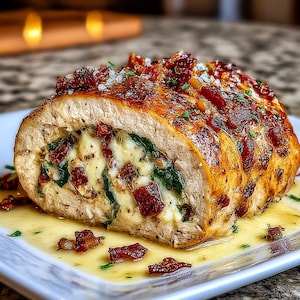 May include: A stuffed chicken breast, sliced to reveal a filling of cheese, spinach, and sun-dried tomatoes. The chicken is golden brown, served on a white plate with a light sauce and garnished with herbs and tomatoes.