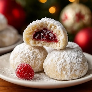 Può includere: Primo piano di un piatto con diversi biscotti ricoperti di neve, uno tagliato a metà per rivelare un ripieno rosso. Un lampone fresco è sul piatto. I biscotti sono di colore chiaro e spolverati di zucchero a velo.