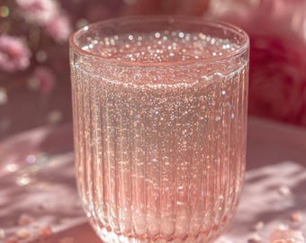May include: A clear, ribbed glass filled with a pink, bubbly liquid, possibly a beverage, sits on a matching pink plate. Scattered around the plate are pink crystals. The background features soft pink flowers.
