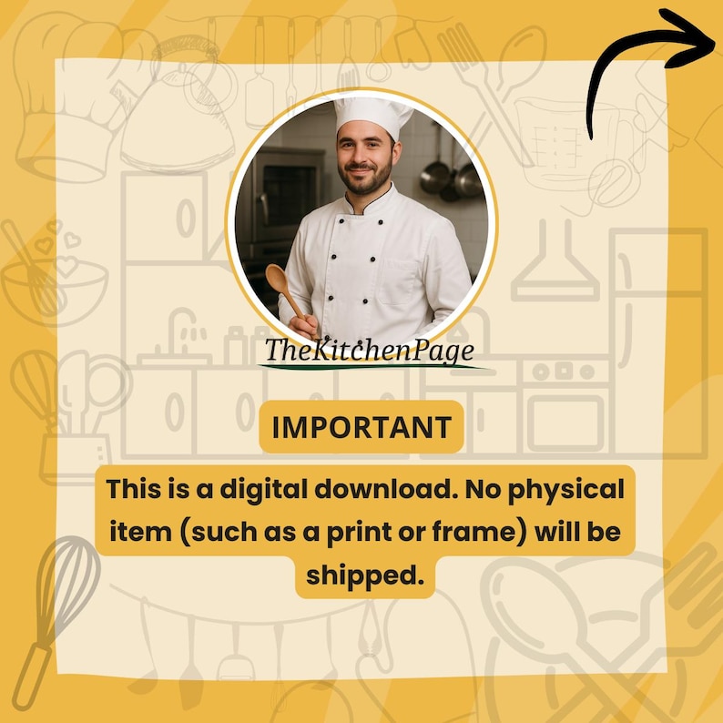 May include: A digital download announcement with a chef in a white uniform holding a wooden spoon. The text reads "IMPORTANT" and "This is a digital download. No physical item will be shipped."