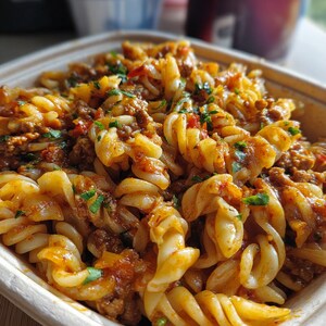 Puede incluir: Primer plano de un plato de pasta con fusilli, carne picada y salsa de tomate. El plato está adornado con hierbas verdes frescas y se sirve en un recipiente desechable. La pasta está cubierta con una rica salsa de color rojo anaranjado.