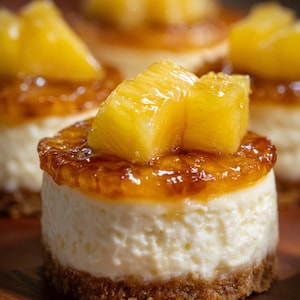 Può includere: Mini cheesecake con base di biscotti, ricoperti da uno strato di glassa caramellata e pezzi di ananas fresco. I dessert sono disposti su una tavola di legno, mettendo in risalto l'ananas giallo dorato e il ripieno bianco cremoso.
