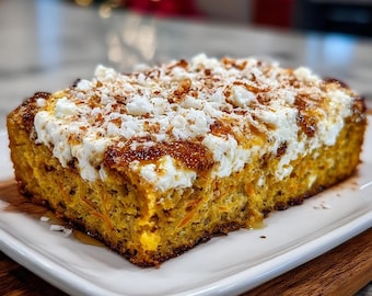May include: A slice of carrot cake with cream cheese frosting, sprinkled with nuts and cinnamon. The cake is on a white rectangular plate, resting on a wooden board. The cake has a golden-brown crust.