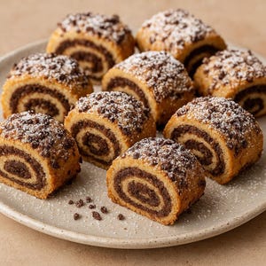 May include: A plate of freshly baked, spiral-shaped cookies. The cookies have a golden-brown exterior with a dark chocolate filling. They are topped with chocolate chips and a dusting of powdered sugar, creating a visually appealing dessert.