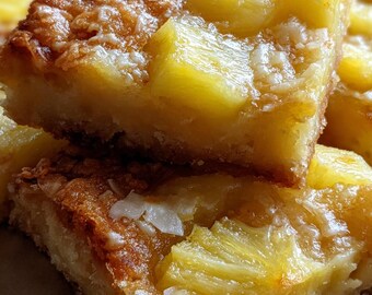 Può includere: Primo piano di diversi pezzi di torta rovesciata all'ananas. La torta ha una crosta dorata e sopra è cosparsa di pezzi di ananas gialla e una glassa caramellata. La torta è impilata l'una sull'altra.