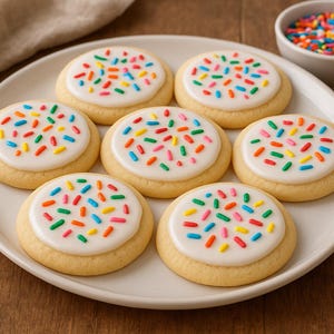 Può includere: Un piatto di biscotti allo zucchero glassati con zuccherini colorati. I biscotti rotondi hanno una base giallo chiaro e glassa bianca. Una piccola ciotola di zuccherini è sullo sfondo.