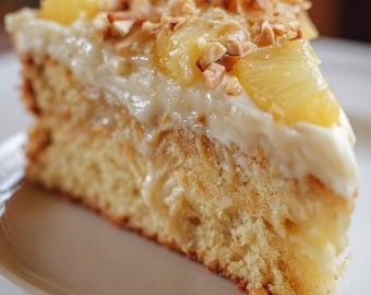 Pode incluir: Uma fatia de bolo de abacaxi num prato branco. O bolo tem uma base de esponja amarelo claro, uma cobertura branca cremosa e é coberto com pedaços de abacaxi e nozes picadas. O bolo é uma sobremesa.
