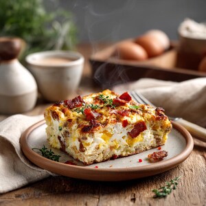 May include: A slice of savory breakfast casserole on a plate. The casserole features eggs, cheese, and bacon, garnished with fresh herbs. Steam rises from the warm dish, suggesting it's freshly made. The plate sits on a wooden surface, with a fork and other breakfast items in the background.