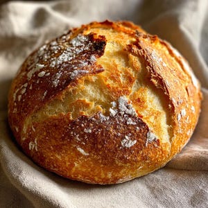Puede incluir: Una hogaza redonda de pan recién horneado con una corteza dorada. El pan tiene un aspecto rústico, con una superficie ligeramente agrietada y un espolvoreado de harina blanca. El pan está sobre un paño de lino beige.