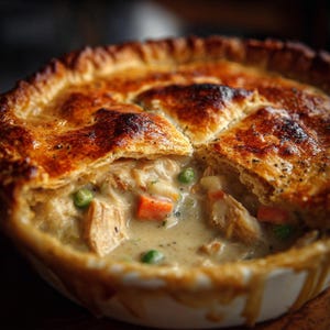 Può includere: Primo piano di una torta di pollo in una ciotola di ceramica bianca. La crosta dorata è parzialmente tagliata, rivelando un ripieno cremoso con pezzi di pollo, piselli e carote.