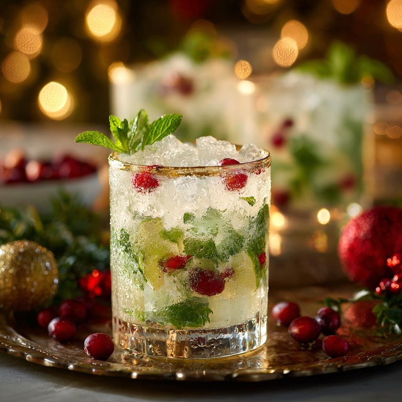 May include: A festive cocktail in a clear glass, garnished with mint and cranberries. The drink is filled with ice and sits on a gold-rimmed tray, surrounded by Christmas decorations. The background features blurred lights.