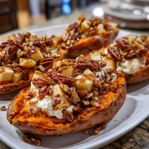 May include: Four baked sweet potatoes, halved and filled with a creamy white topping, diced apples, and pecans. The sweet potatoes are arranged on a white rectangular plate, showcasing a warm, inviting meal.