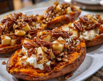 Apple Spiced Stuffed Sweet Potatoes Recipe | Cozy Fall Vegetarian Side Dish | Printable Recipe Card