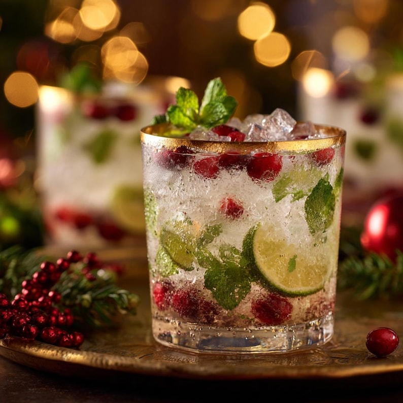 May include: A refreshing cocktail in a gold-rimmed glass, filled with ice, cranberries, lime slices, and mint leaves. The drink sits on a gold tray, with blurred Christmas lights in the background. A festive holiday beverage.
