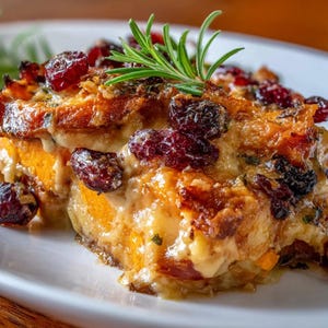 May include: A close-up of a serving of baked food on a white plate. The dish features a golden-brown crust, with visible cranberries and a sprig of rosemary. The food has a creamy, cheesy sauce and a soft, orange interior.