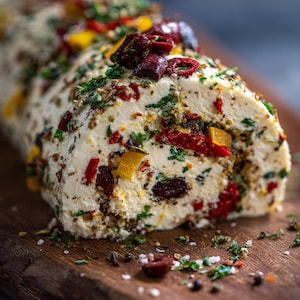 Op de afbeelding: Een log van romige kaas, besprenkeld met rode, gele en bruine ingrediënten, waaronder olijven en paprika's, ligt op een houten plank. De kaas is gegarneerd met verse kruiden en specerijen, wat een aantrekkelijk voorgerecht oplevert.