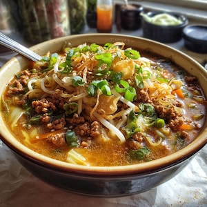 May include: A bowl of soup with noodles, ground meat, bean sprouts, and green onions. The soup has a rich, orange broth and is garnished with crispy fried onions and sesame seeds. A silver spoon rests in the bowl.