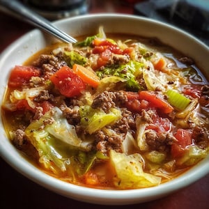 May include: A close-up shot of a bowl filled with a hearty soup. The soup contains chunks of red tomatoes, ground meat, cabbage, and carrots. A silver spoon rests in the soup, which is in a white bowl.