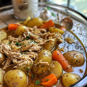 Puede incluir: Primer plano de un guiso abundante en un cuenco de cristal transparente. El guiso presenta pollo desmenuzado, patatas doradas y trozos de zanahoria naranja, todo sumergido en un caldo rico y sabroso. Adornado con perejil fresco.