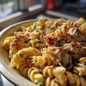 May include: A close-up of a pasta dish with fusilli pasta, topped with shredded meat, herbs, and sun-dried tomatoes. The pasta is in a beige bowl, with the food filling the frame. The dish is well-lit, with a focus on the textures and colours.