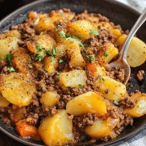 May include: A close-up shot of a hearty dish featuring golden-brown potatoes and ground meat in a dark bowl. The potatoes are generously seasoned and mixed with the meat, garnished with fresh herbs.