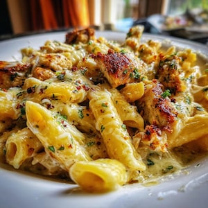 May include: A close-up shot of a plate of penne pasta with creamy sauce, topped with grilled chicken pieces and sprinkled with herbs. The pasta is coated in a rich, cheesy sauce, and the chicken has a golden-brown crust.