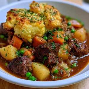 Può includere: Una ciotola di stufato di manzo con pezzi di carne marrone scuro, carote arancioni, patate gialle e piselli verde brillante in un ricco sugo bruno, guarnito con due gnocchi dorati e cosparso di erbe verdi fresche.