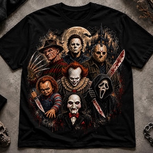 Könnte beinhalten: Ein schwarzes Kurzarm-T-Shirt mit einem detaillierten Grafikdruck von sechs ikonischen Horrorfilm-Charakteren. Das Design zeigt Figuren mit Messern, Masken und einem dunklen Schloss im Hintergrund unter einem Vollmond in Rot-, Grau- und Schwarztönen.