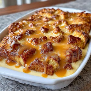 以下が含まれることがあります： 白い長方形の皿に入った、焼きたてのパンプディング。パンの立方体は黄金色で、キャラメルソースがかかっています。プリンはクリーミーなカスタードベースにあり、おいしいデザートになっています。