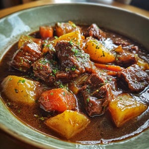 May include: A close-up of a stew served in a green-rimmed bowl. The stew contains large pieces of dark brown meat, golden potatoes, and orange carrots in a rich, dark gravy. Fresh green herbs are sprinkled on top, suggesting a home-cooked meal.