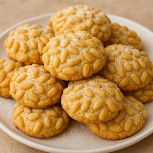 Könnte beinhalten: Ein Teller mit goldbraunen Keksen, die jeweils großzügig mit Pinienkernen bedeckt sind. Die Kekse sind rund und leicht abgeflacht, mit einer Bestäubung von Puderzucker. Ein köstlicher Leckerbissen.