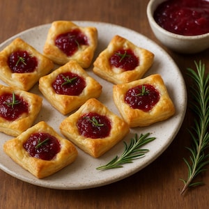 Puede incluir: Ocho pasteles cuadrados con una corteza dorada y escamosa, cada uno cubierto con mermelada roja y una ramita de romero, están dispuestos en un plato blanco moteado. También hay un cuenco pequeño con mermelada roja y ramitas de romero.