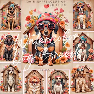 Cute Dog Breed PNG Bundle | Hippie Doghouse Clipart | Earth Tone Nursery Decor | Floral Pet Sublimation Designs | Kids Apparel Watercolor