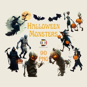 Może przedstawiać: Zestaw 90 obrazów PNG z potworami z Halloween. Obrazy przedstawiają różne straszne postacie, w tym czarownice, mumie, duchy i dynie. Obrazy idealnie nadają się do dodania odrobiny halloweenowego nastroju do twoich projektów.