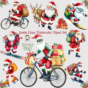 Santa Claus Watercolor Clipart PNG Bundle – 50+ Free Christmas Elements! Holiday Santa PNG, Christmas Clipart Set, Festive Illustrations Art