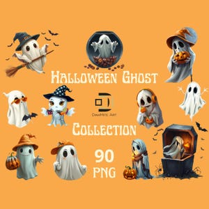 Może przedstawiać: Kolekcja 90 ilustracji duchów halloweenowych w formacie PNG. Duchy są przedstawione w różnych pozach, w tym trzymając dynie, nosząc kapelusze i latając. Ilustracje idealnie nadają się do dodania mrocznego akcentu do projektów halloweenowych.