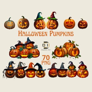 Może przedstawiać: Zestaw 12 ilustracji dyni halloweenowych z różnymi wyrażeniami i wzorami. Dynie są pomarańczowe i mają różne kapelusze i rysy twarzy. Tekst "HALLOWEEN PUMPKINS" jest napisany pogrubioną czarną czcionką.