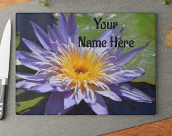 Planche à découper en verre nénuphar violet, décoration de cuisine, cadeau pour chefs cuisiniers à domicile, cadeau de mariage