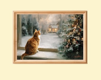 Christmas Cat Looking Out Of The Window: Impressionist Holiday Printable Painting (Digital Download)
