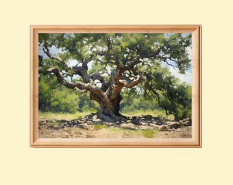 Old Oak Tree Impressionist Painting: Rustic Farmhouse Wall Art (Digital Download