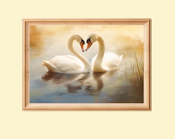 Cuadro vintage de cisnes enamorados: decoración romántica para el hogar (descarga digital)