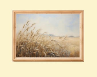 麦畑とポピーのヴィンテージ風景画：農家の壁アート（デジタル