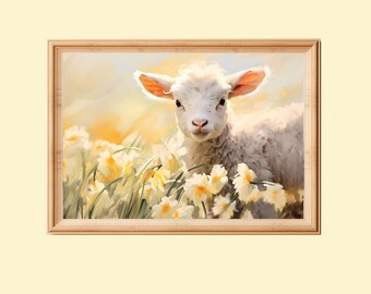Lámina vintage de cordero de Pascua: Arte de pared para habitación infantil de estilo rústico (descarga digital)